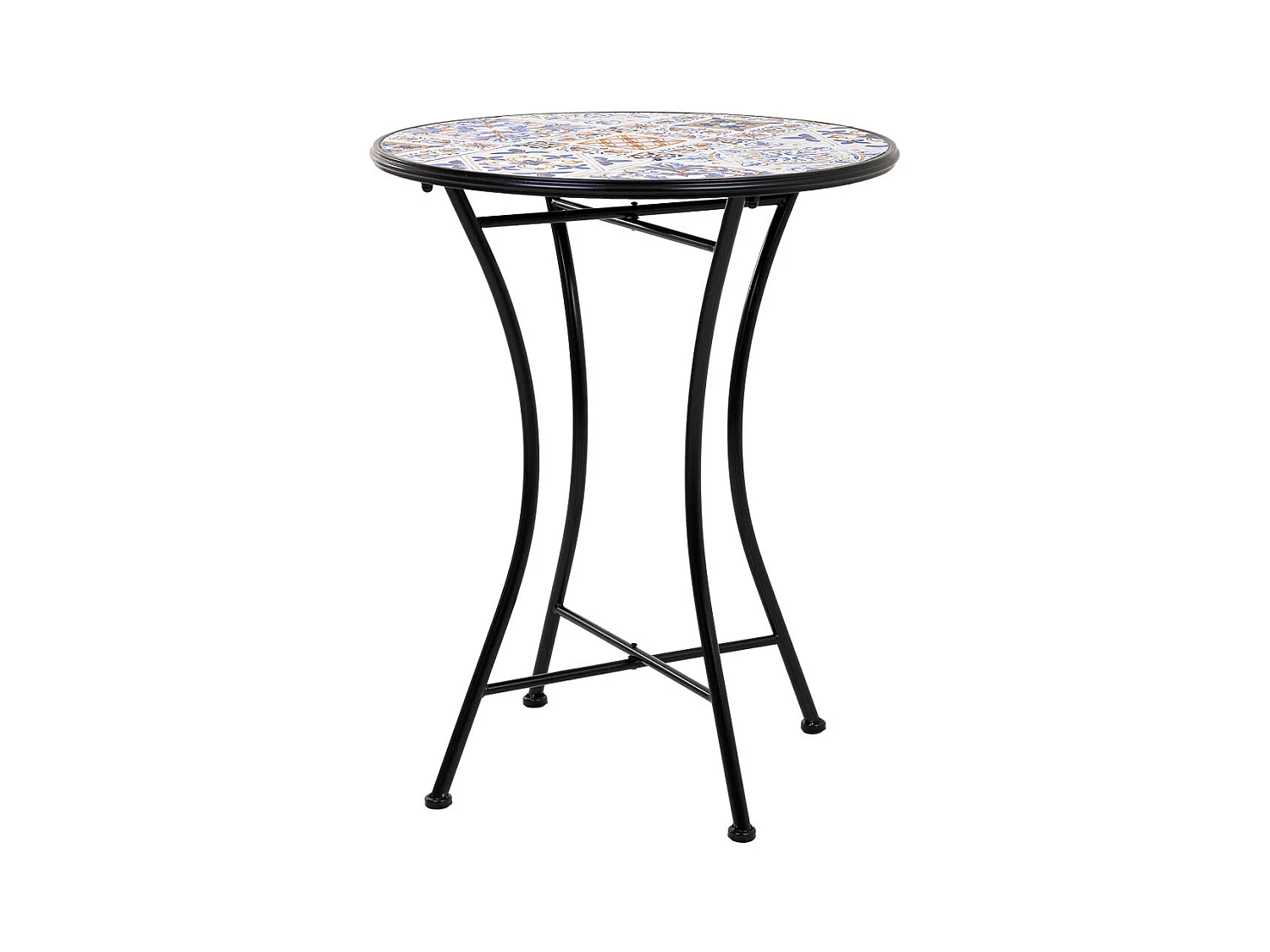 Conjunto de mesa e duas cadeiras em mosaico preto e ferro forjado mesa: D60x75h - cadeira (2): D38x46-90h