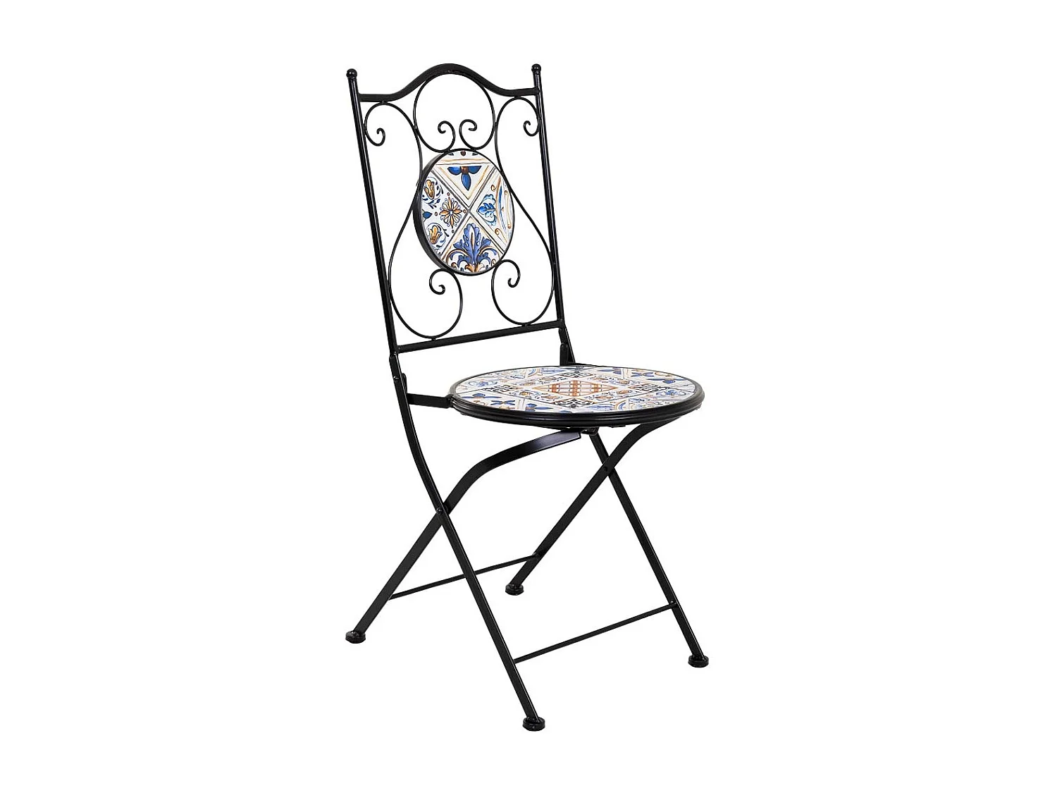 Conjunto de mesa e duas cadeiras em mosaico preto e ferro forjado mesa: D60x75h - cadeira (2): D38x46-90h