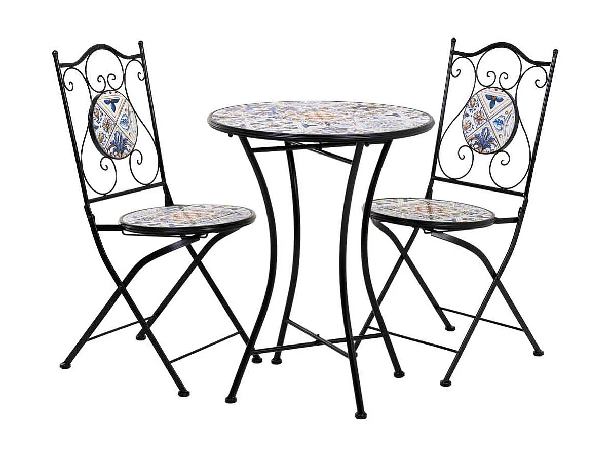 Set aus Tisch und zwei Stühlen aus schwarzem Mosaik und Schmiedeeisen Tisch: T60x75h - Stuhl (2): T38x46-90h