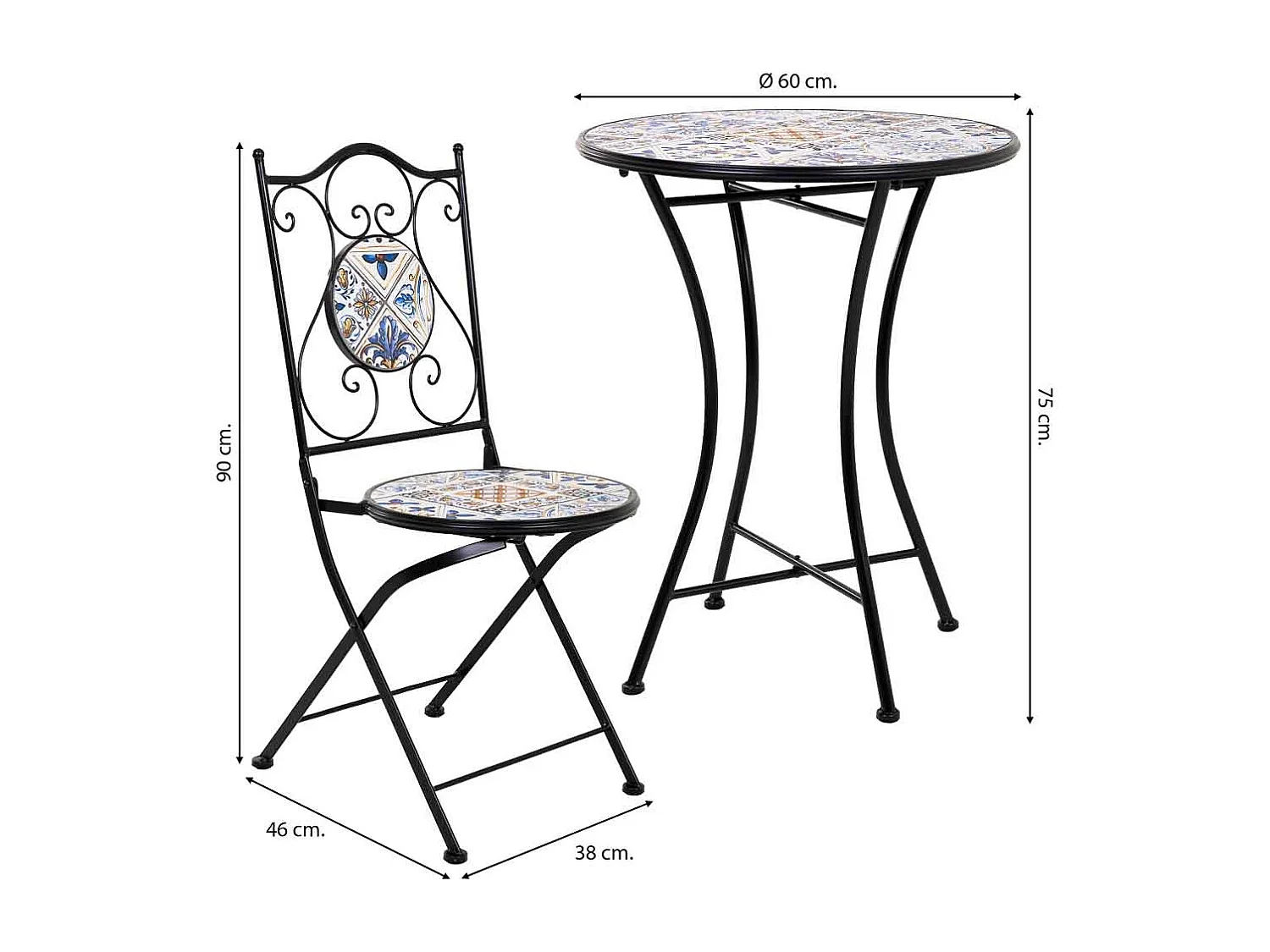 Set aus Tisch und zwei Stühlen aus schwarzem Mosaik und Schmiedeeisen Tisch: T60x75h - Stuhl (2): T38x46-90h