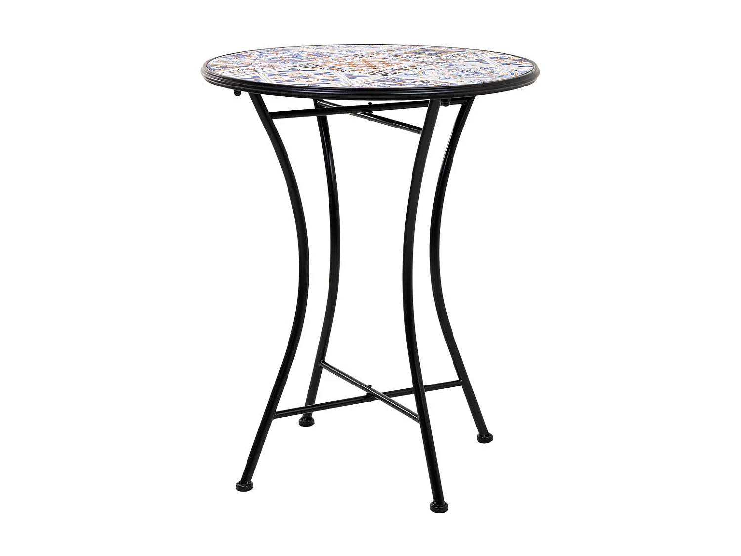 Set aus Tisch und zwei Stühlen aus schwarzem Mosaik und Schmiedeeisen Tisch: T60x75h - Stuhl (2): T38x46-90h