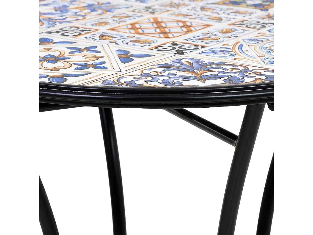 Set aus Tisch und zwei Stühlen aus schwarzem Mosaik und Schmiedeeisen Tisch: T60x75h - Stuhl (2): T38x46-90h