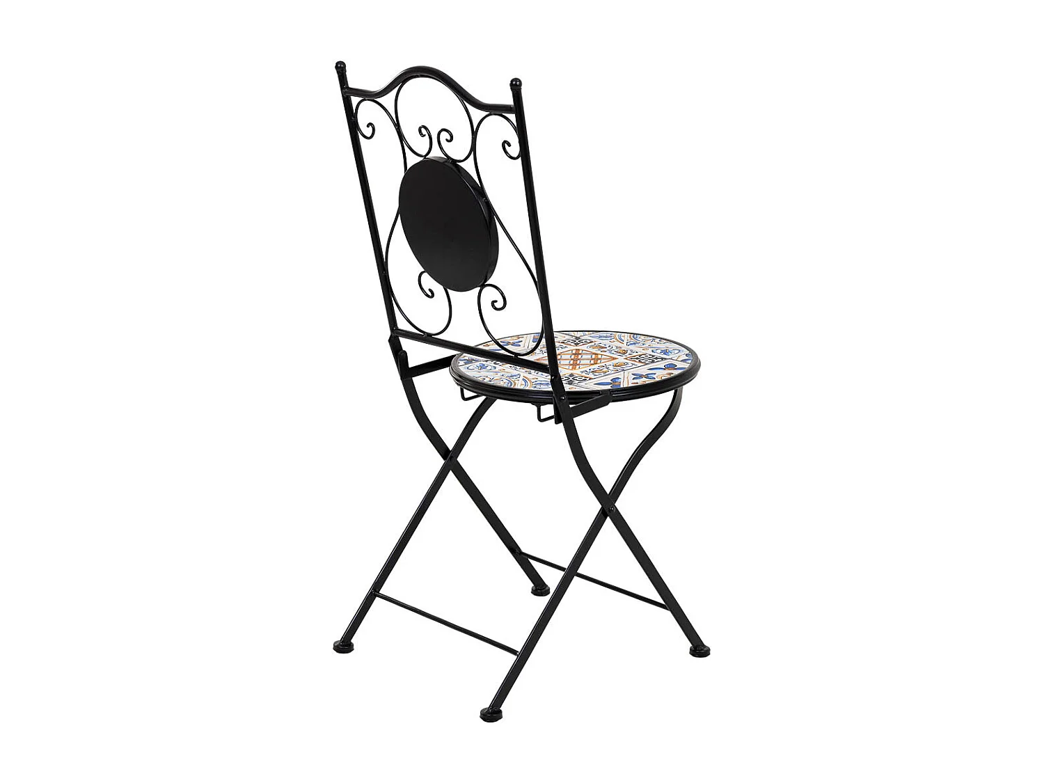 Set aus Tisch und zwei Stühlen aus schwarzem Mosaik und Schmiedeeisen Tisch: T60x75h - Stuhl (2): T38x46-90h