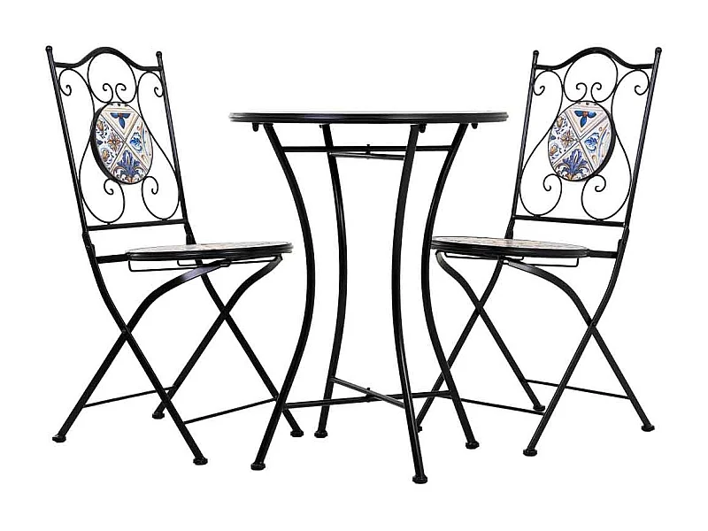 Conjunto de mesa e duas cadeiras em mosaico preto e ferro forjado mesa: D60x75h - cadeira (2): D38x46-90h