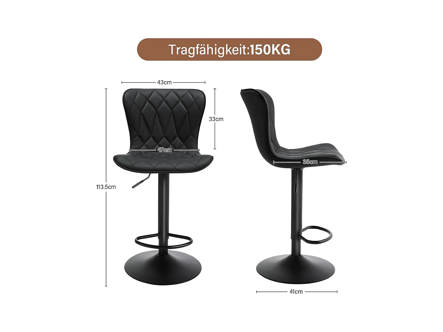 Lot de 2 Tabourets de bar HomeMiYN- Hauteur réglable, 360° rotatif en cuir diamanté, noir