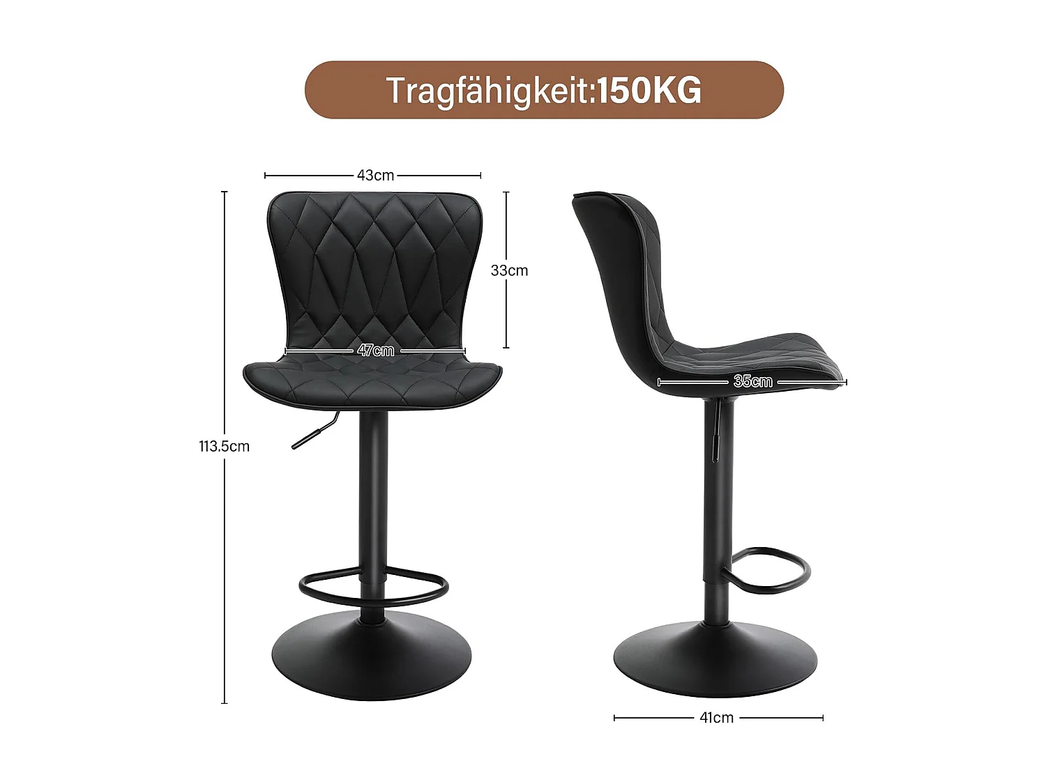 Lot de 2 Tabourets de bar HomeMiYN- Hauteur réglable, 360° rotatif en cuir diamanté, noir