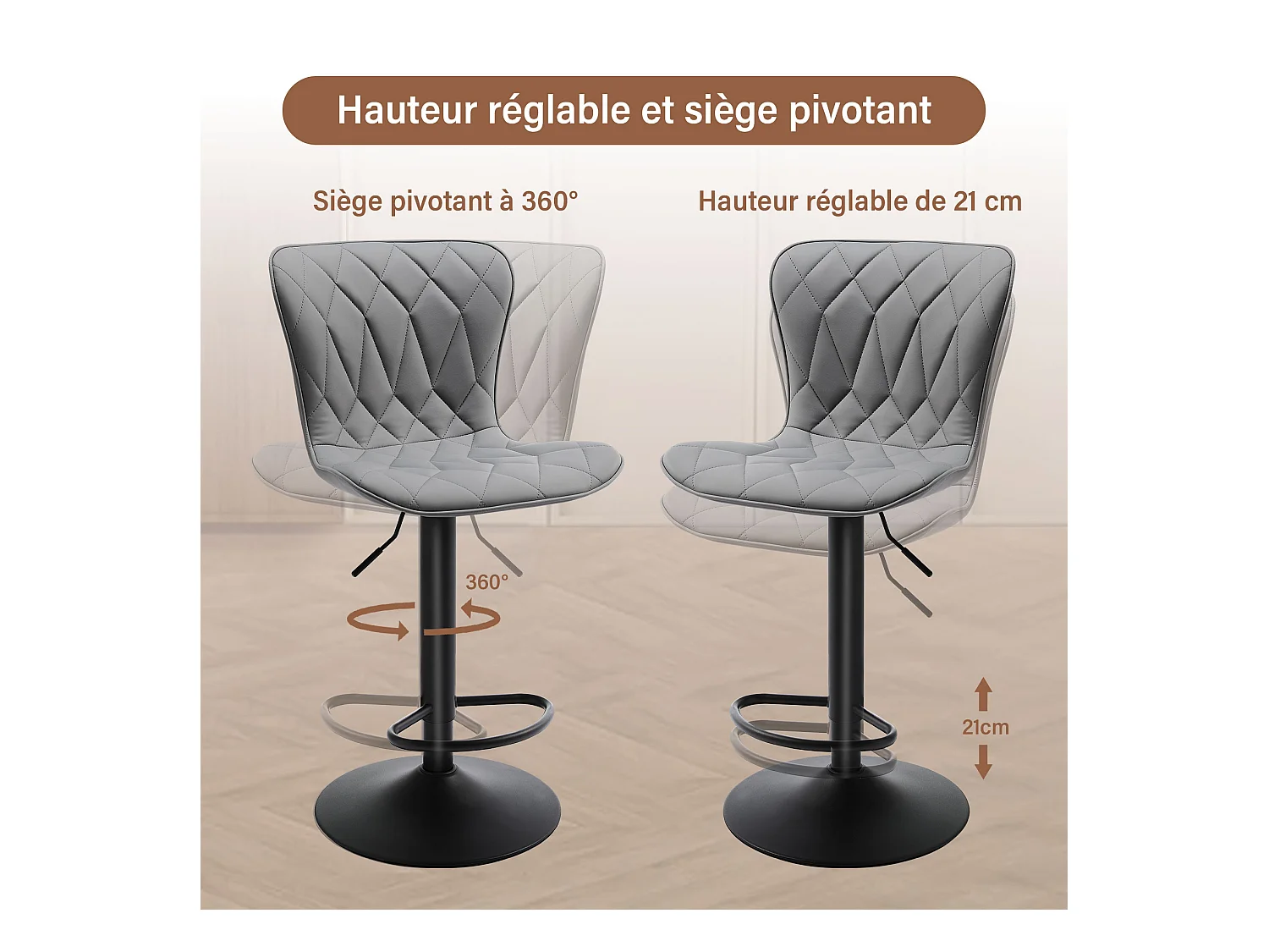 Set van 2 HomeMiYN Verstelbare Barkrukken - 360° Draaibaar in Grijs Diamant Simili-Leer, Hoogte Verstelbaar