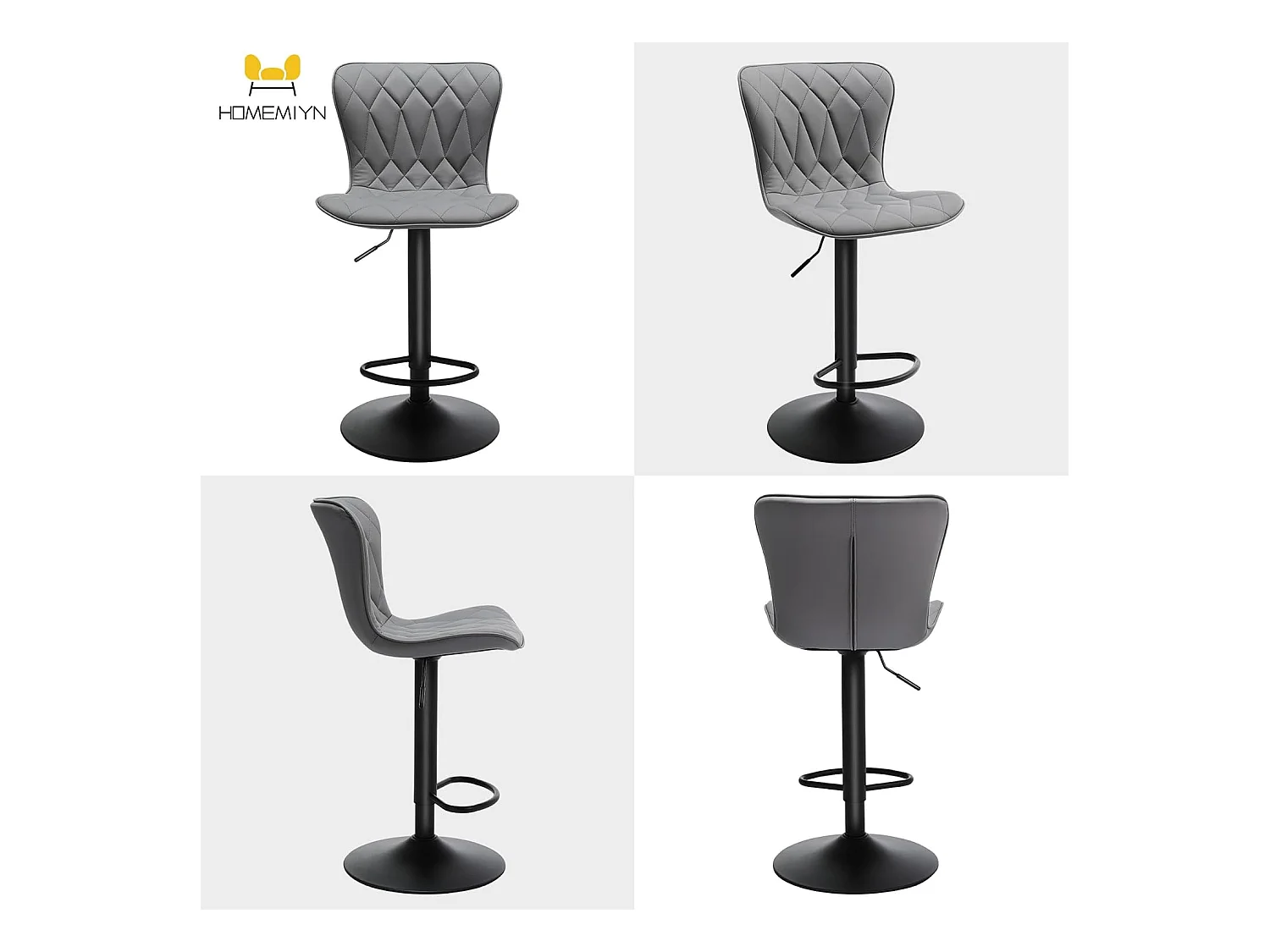 Set van 2 HomeMiYN Verstelbare Barkrukken - 360° Draaibaar in Grijs Diamant Simili-Leer, Hoogte Verstelbaar