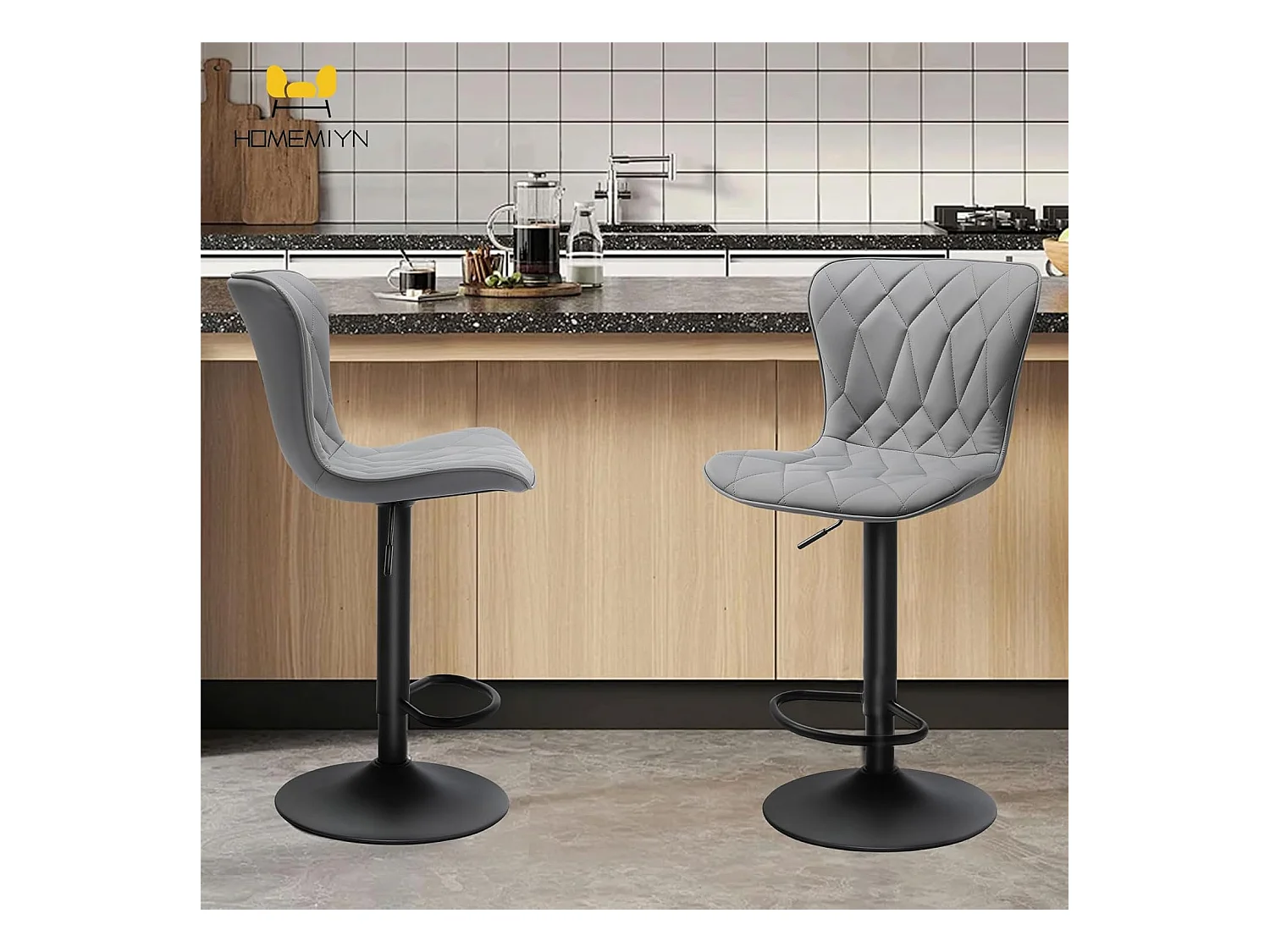 Set van 2 HomeMiYN Verstelbare Barkrukken - 360° Draaibaar in Grijs Diamant Simili-Leer, Hoogte Verstelbaar