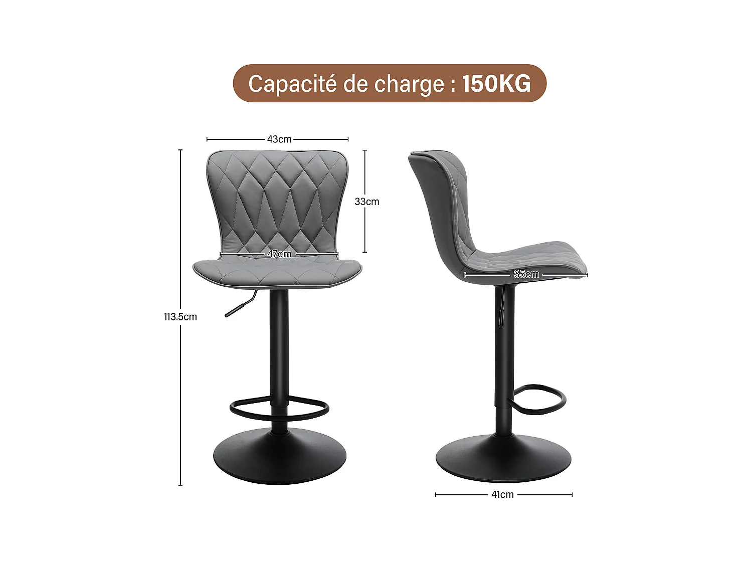 Set van 2 HomeMiYN Verstelbare Barkrukken - 360° Draaibaar in Grijs Diamant Simili-Leer, Hoogte Verstelbaar