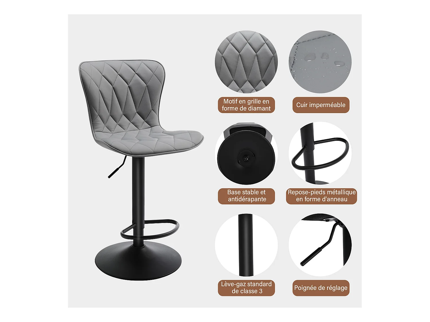 Set van 2 HomeMiYN Verstelbare Barkrukken - 360° Draaibaar in Grijs Diamant Simili-Leer, Hoogte Verstelbaar