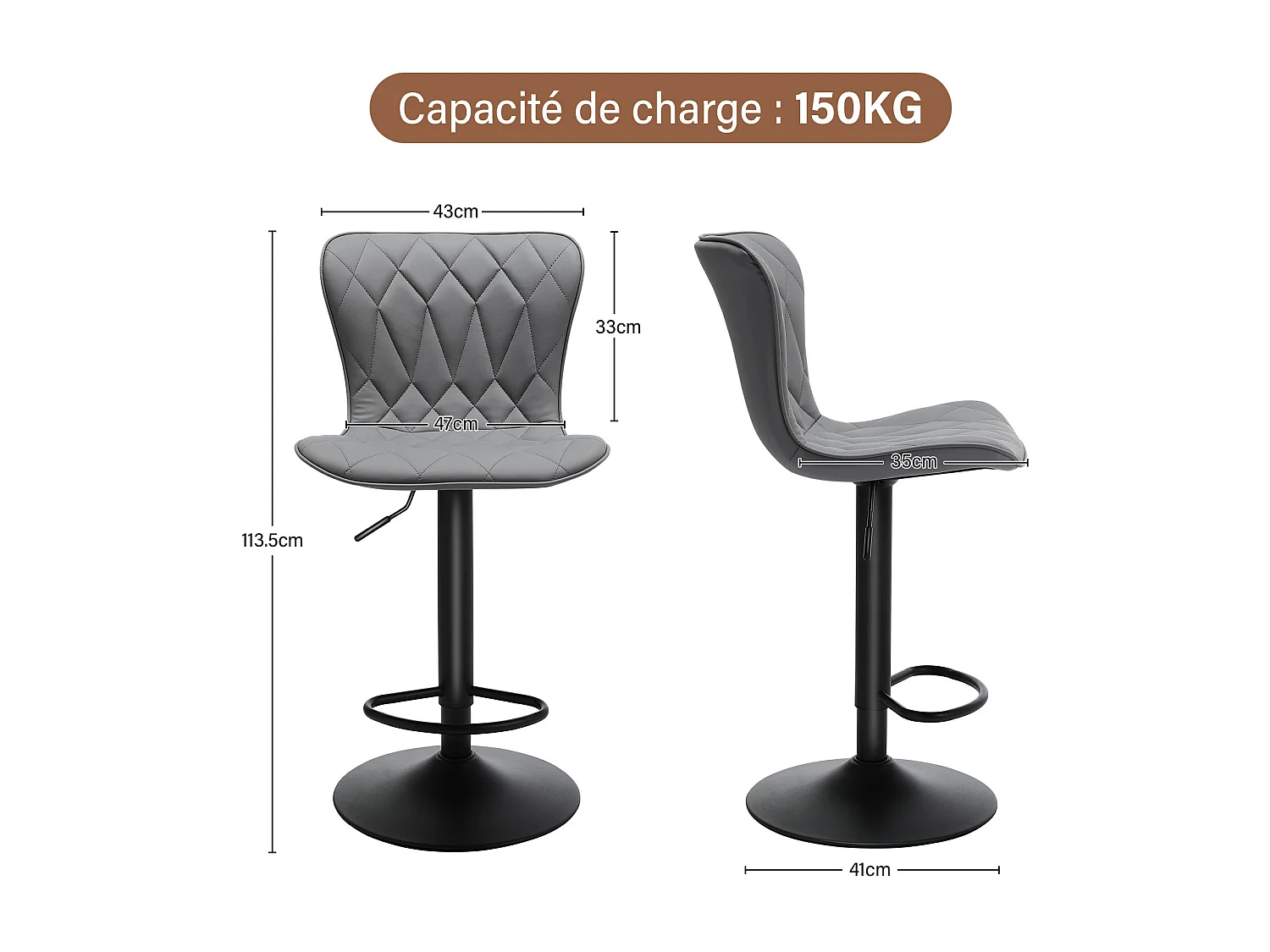 Set de 2 Tabourets de bar HomeMiYN Ajustables, 360° rotatif en cuir diamanté, Gris