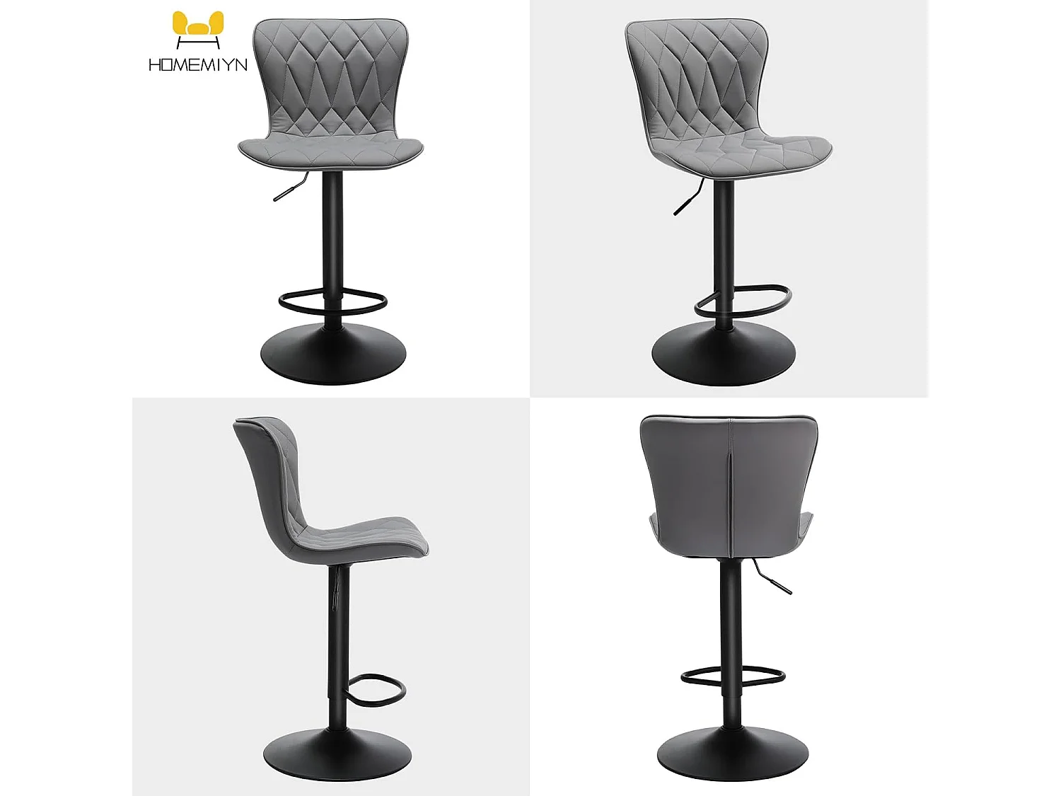 Set de 2 Tabourets de bar HomeMiYN Ajustables, 360° rotatif en cuir diamanté, Gris