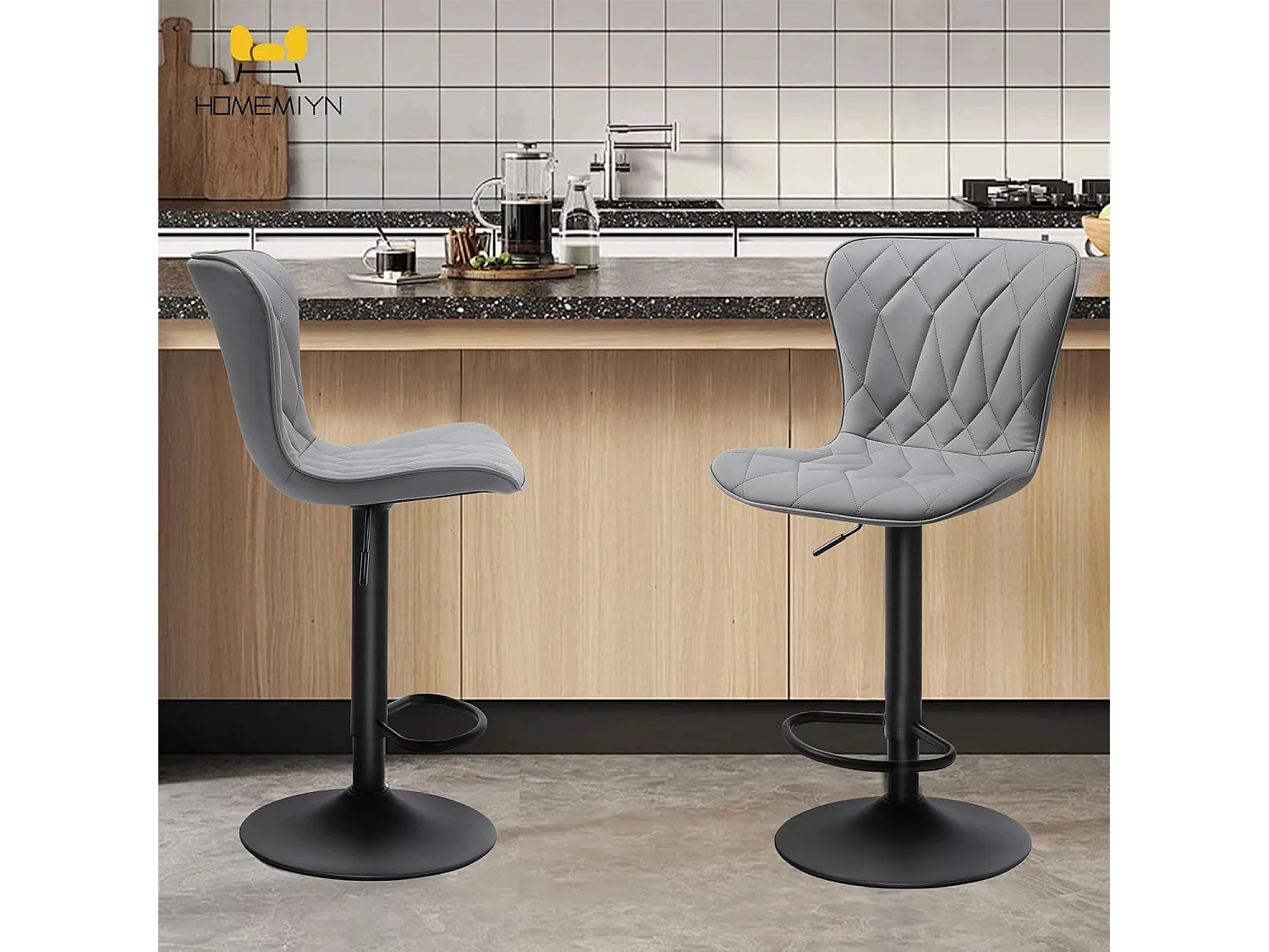 Set de 2 Tabourets de bar HomeMiYN Ajustables, 360° rotatif en cuir diamanté, Gris