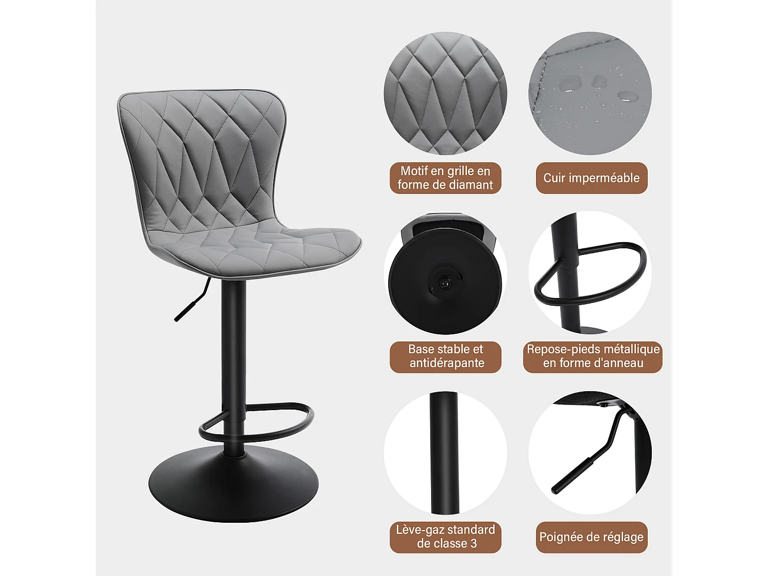 Set de 2 Tabourets de bar HomeMiYN Ajustables, 360° rotatif en cuir diamanté, Gris