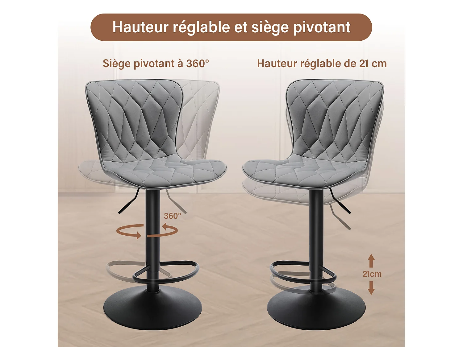 Set de 2 Tabourets de bar HomeMiYN Ajustables, 360° rotatif en cuir diamanté, Gris