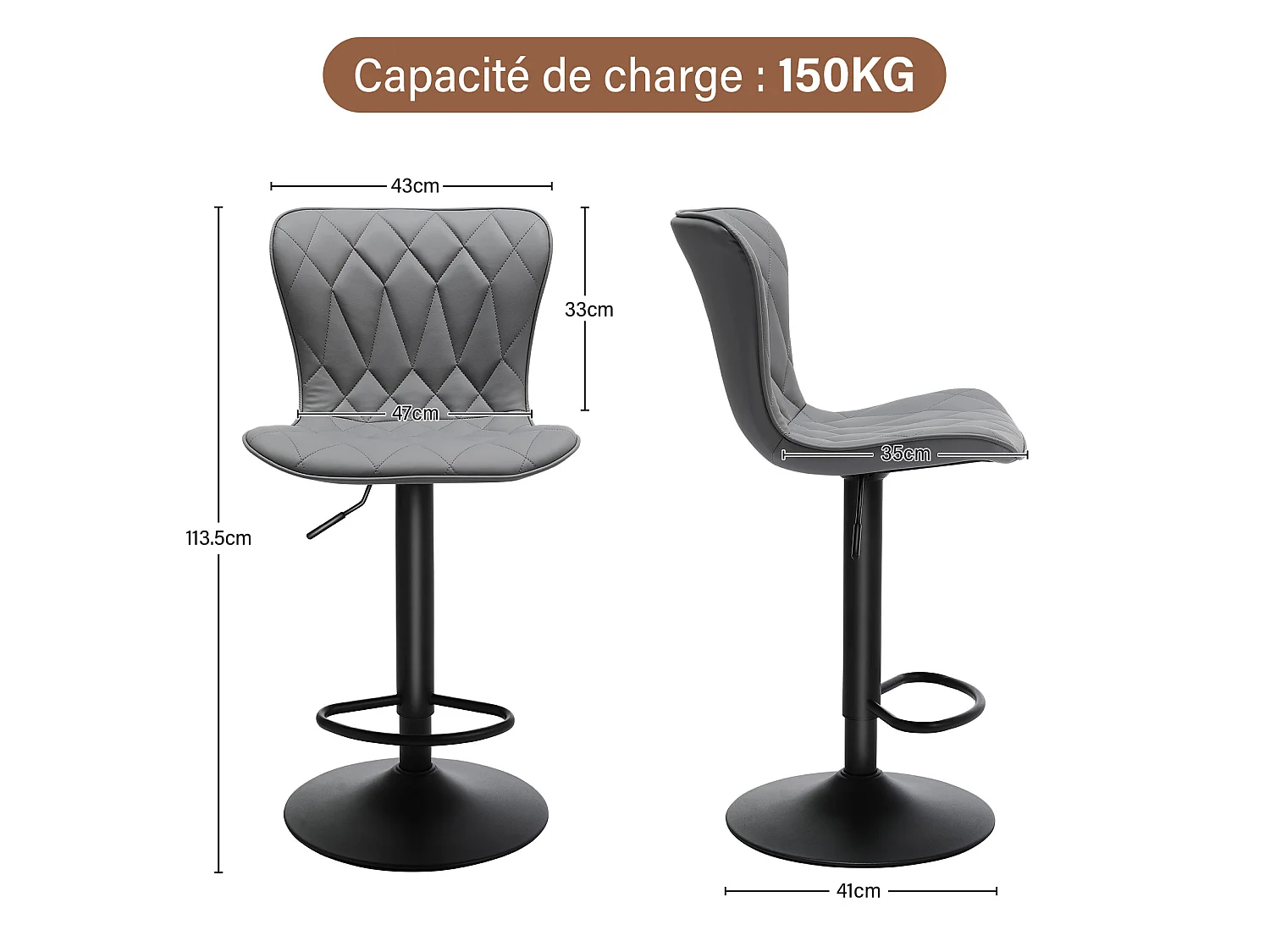 Set de 2 Tabourets de bar HomeMiYN Ajustables, 360° rotatif en cuir diamanté, Gris