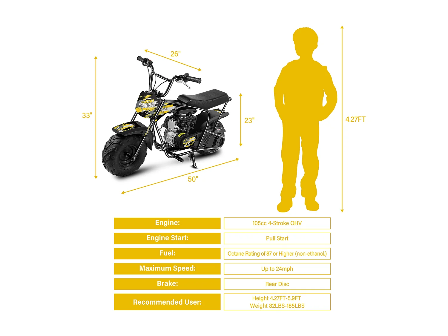 Mini-moto 105CC, 4 Temps, Essence, Mini-Moto Tout-Terrain Pit Bike Avec Transmission Automatique et Démarreur à corde, 13 ans et Plus (Jaune)