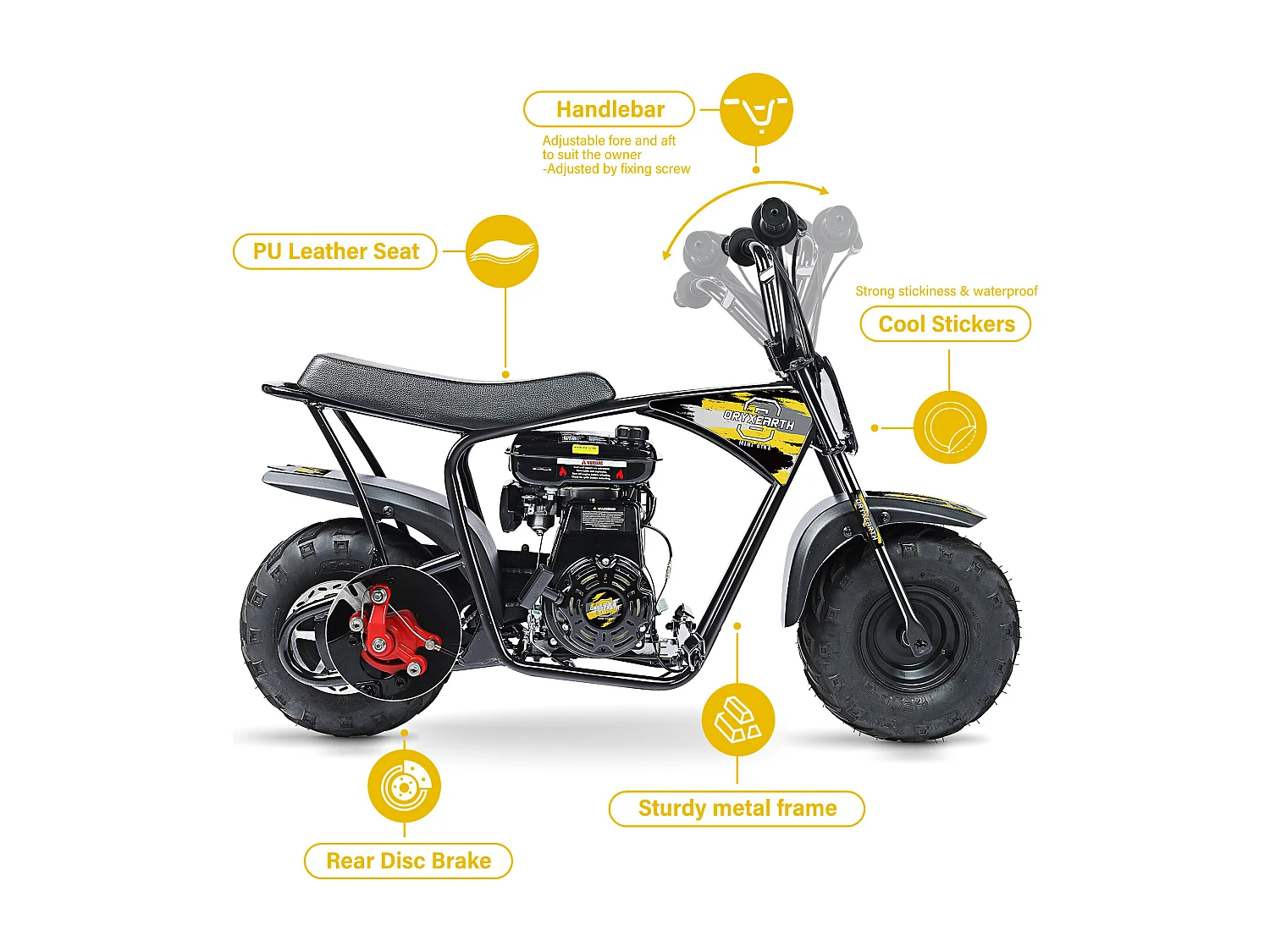 Mini-moto 105CC, 4 Temps, Essence, Mini-Moto Tout-Terrain Pit Bike Avec Transmission Automatique et Démarreur à corde, 13 ans et Plus (Jaune)
