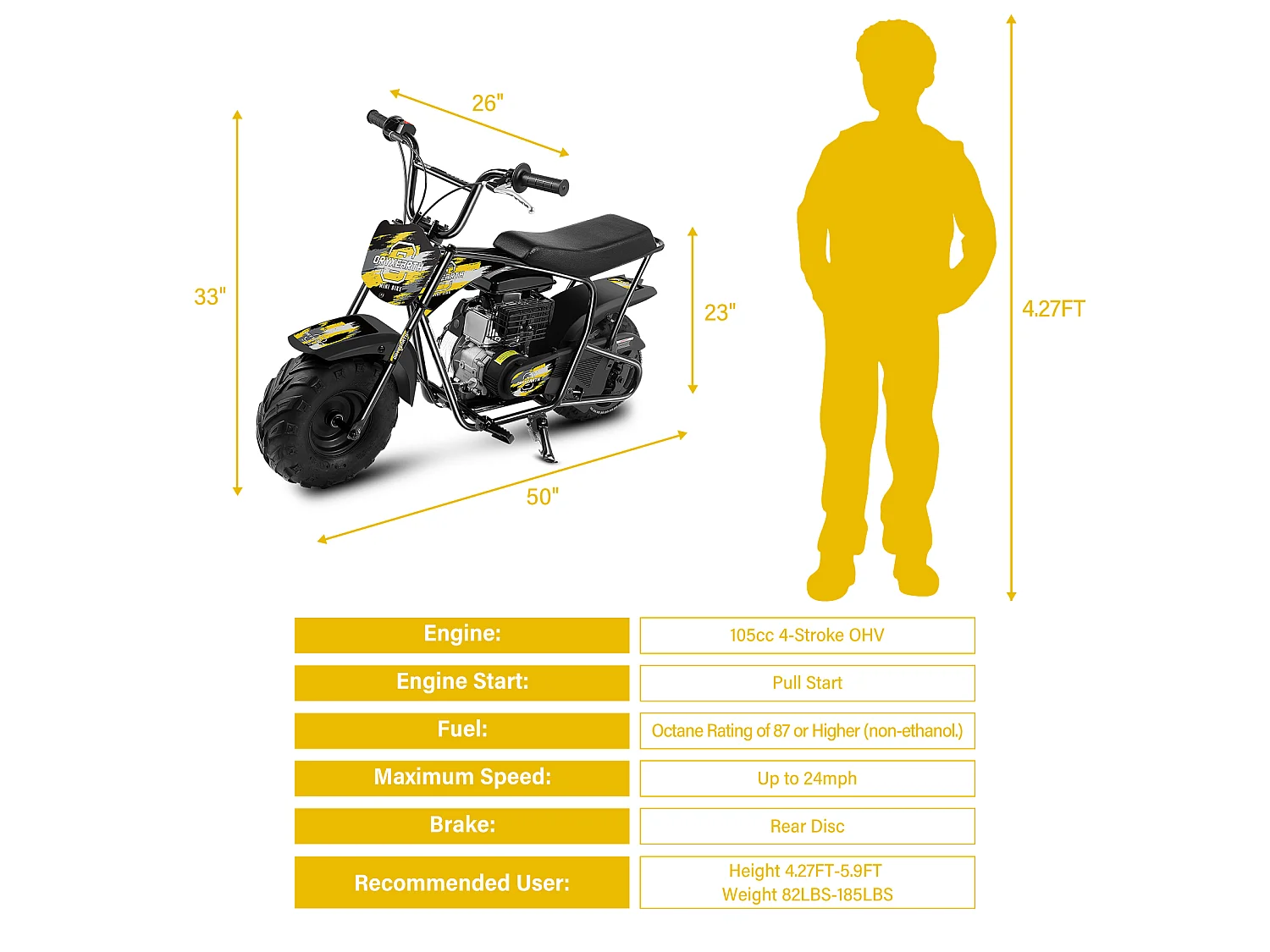 Mini-moto Dirt Bike Pocket Bike pour enfants 105CC, 4 temps, essence, mini-moto tout-terrain Pit Bike avec transmission automatique et démarreur à corde, 4 types d'