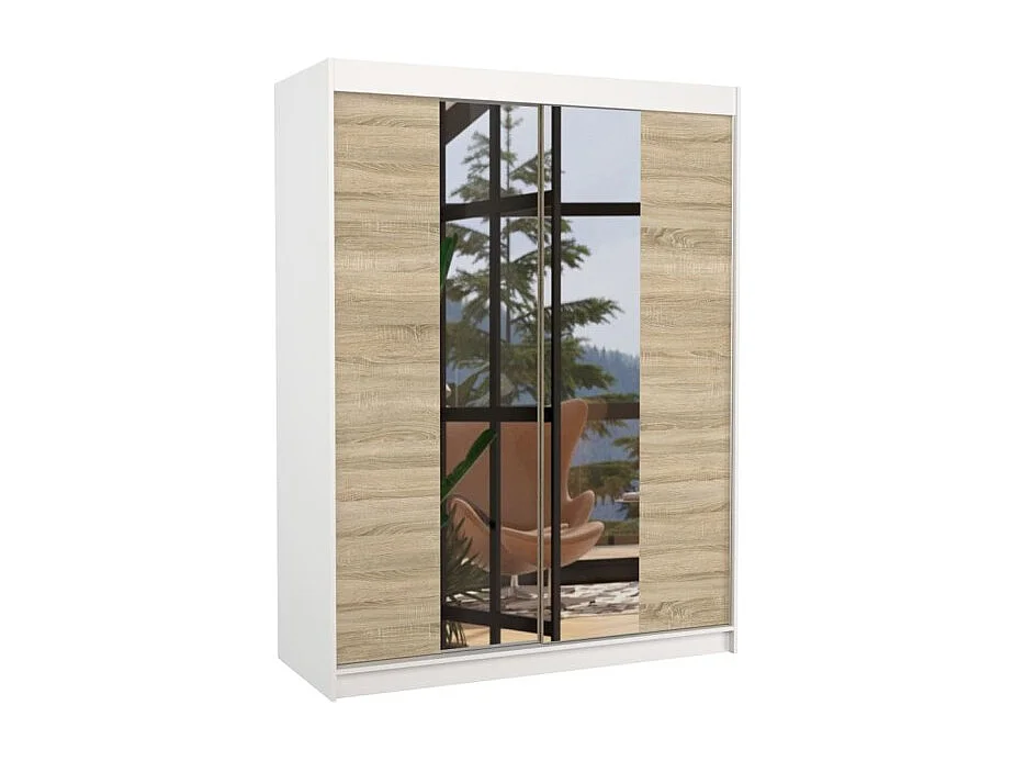 Armadio Ferran (150cm)/ante scorrevoli/specchio/Bianco&Sonoma