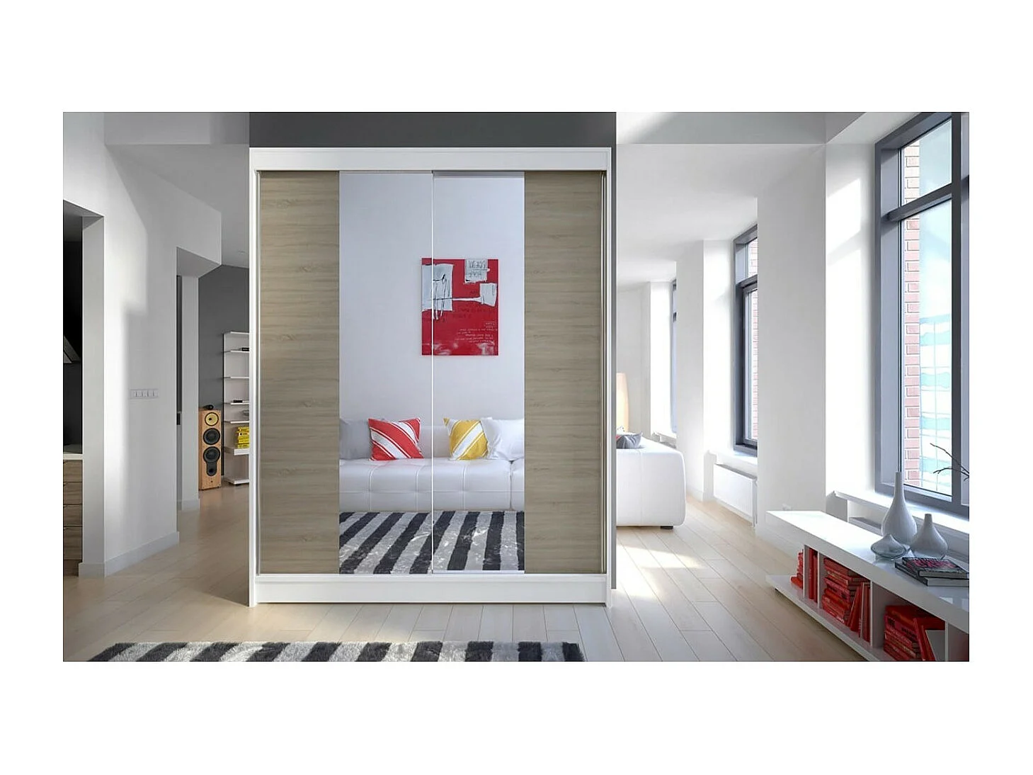 Kleiderschrank Ferran(150cm)/Schiebetüren/Spiegel/Weiss&Sonoma