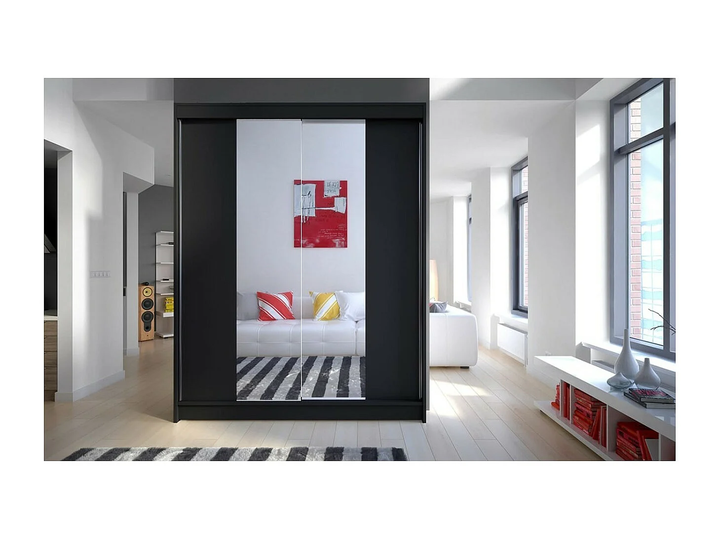 Kleiderschrank Ferran(150cm)/Schiebetüren/Spiegel/Schwarz