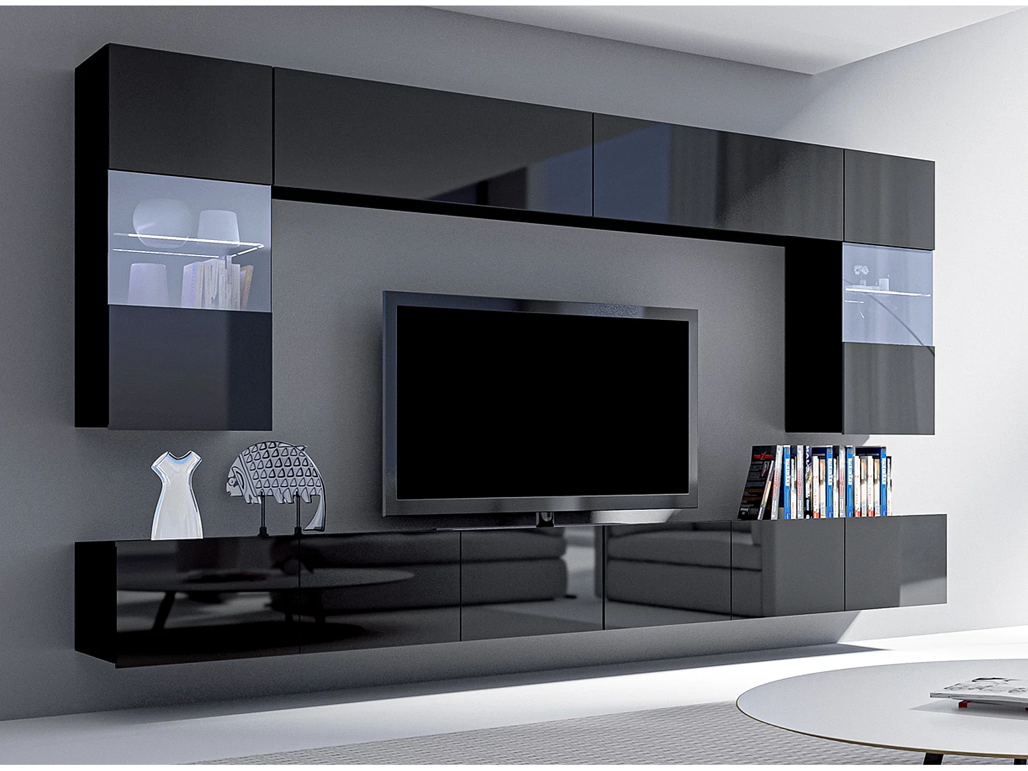 AX LIVING Meuble TV mural moderne Kossana 1 – largeur 300 cm, noir élégant