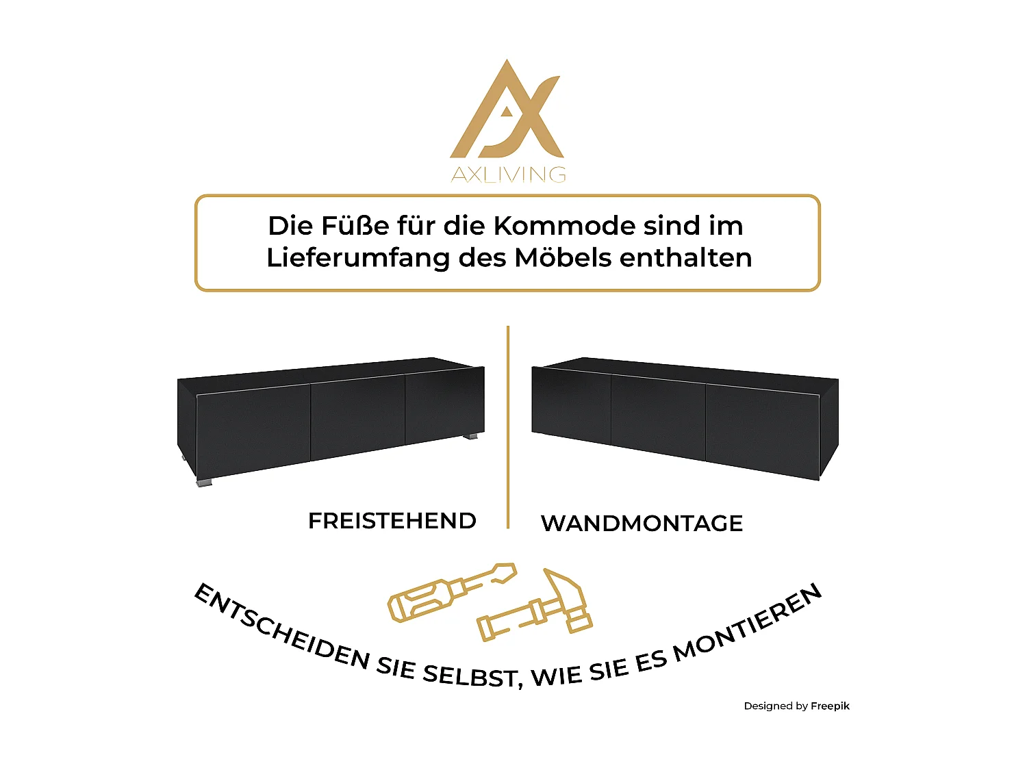 AX LIVING Meuble TV mural moderne Kossana 1 – largeur 300 cm, noir élégant