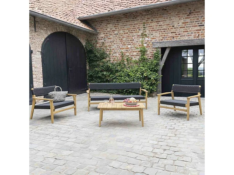 Salon de jardin 4/6 places en teck massif et cordage Noir MANILLE