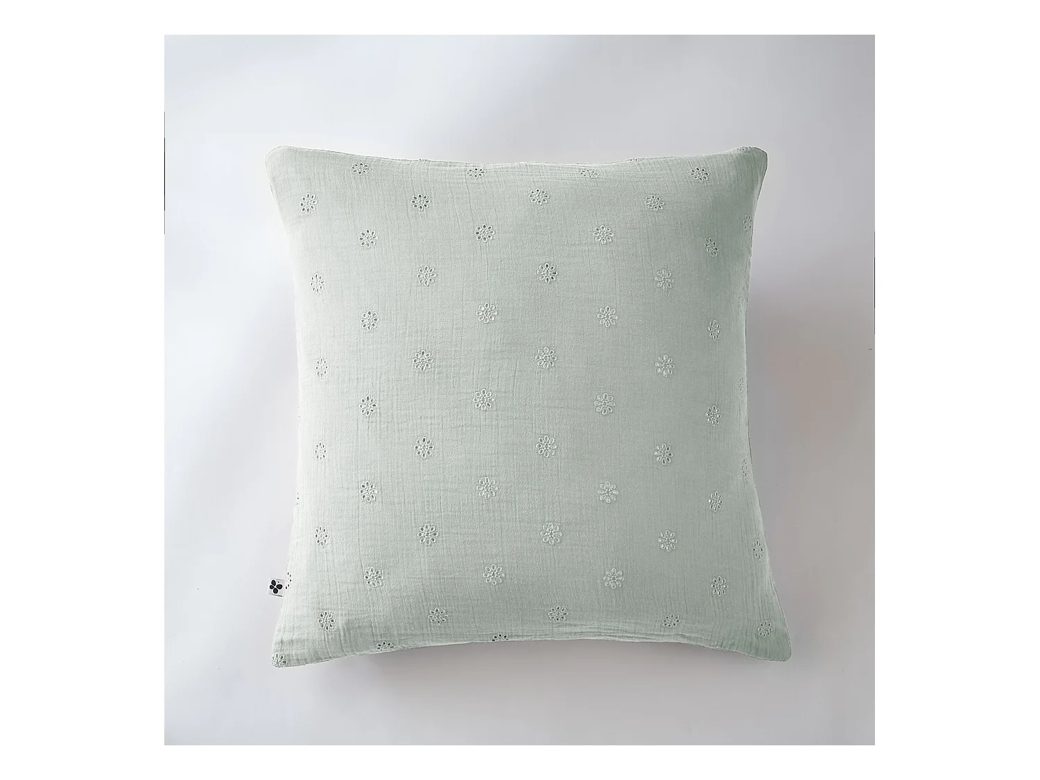 Taie d'oreiller brodée double gaze de coton eucalyptus 60x60 cm