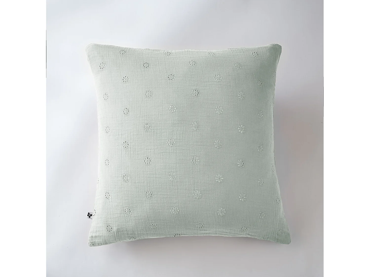 Taie d'oreiller brodée double gaze de coton eucalyptus 60x60 cm