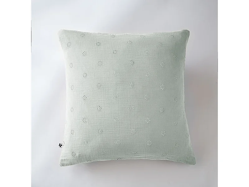 Taie d'oreiller brodée double gaze de coton eucalyptus 60x60 cm