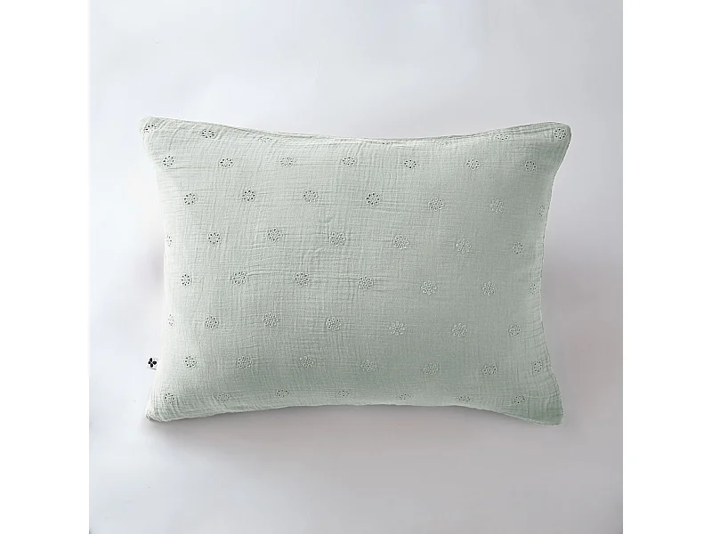 Taie d'oreiller brodée double gaze de coton eucalyptus 50x70 cm