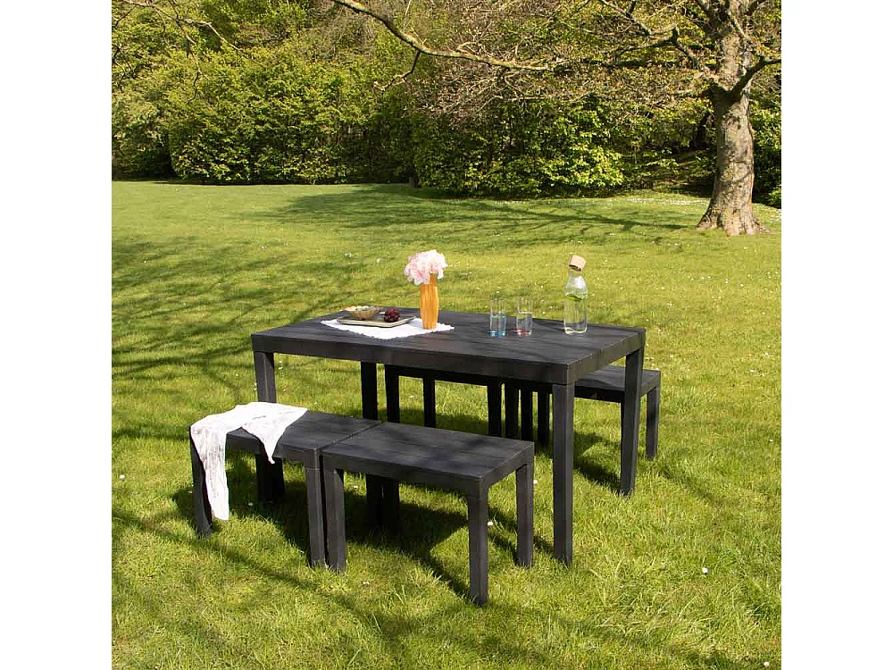 Salon de jardin en résine anthracite avec 4 bancs SAMOA