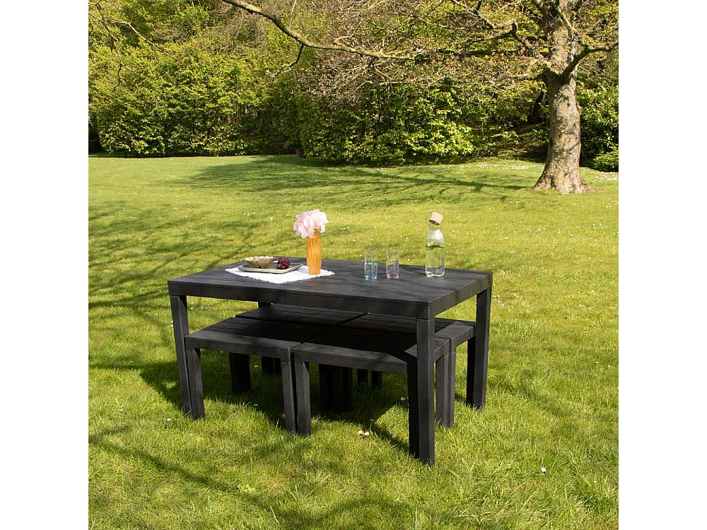 Salon de jardin en résine anthracite avec 4 bancs SAMOA