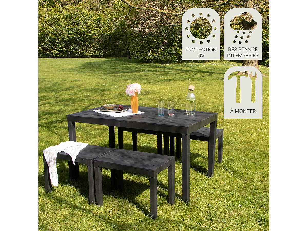 Salon de jardin en résine anthracite avec 4 bancs SAMOA