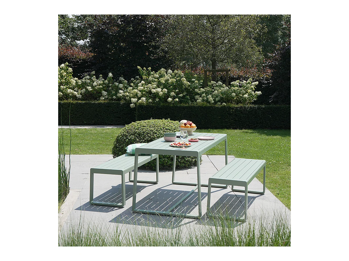 Ensemble table et bancs X2 en aluminium Vert d'Eau RIO