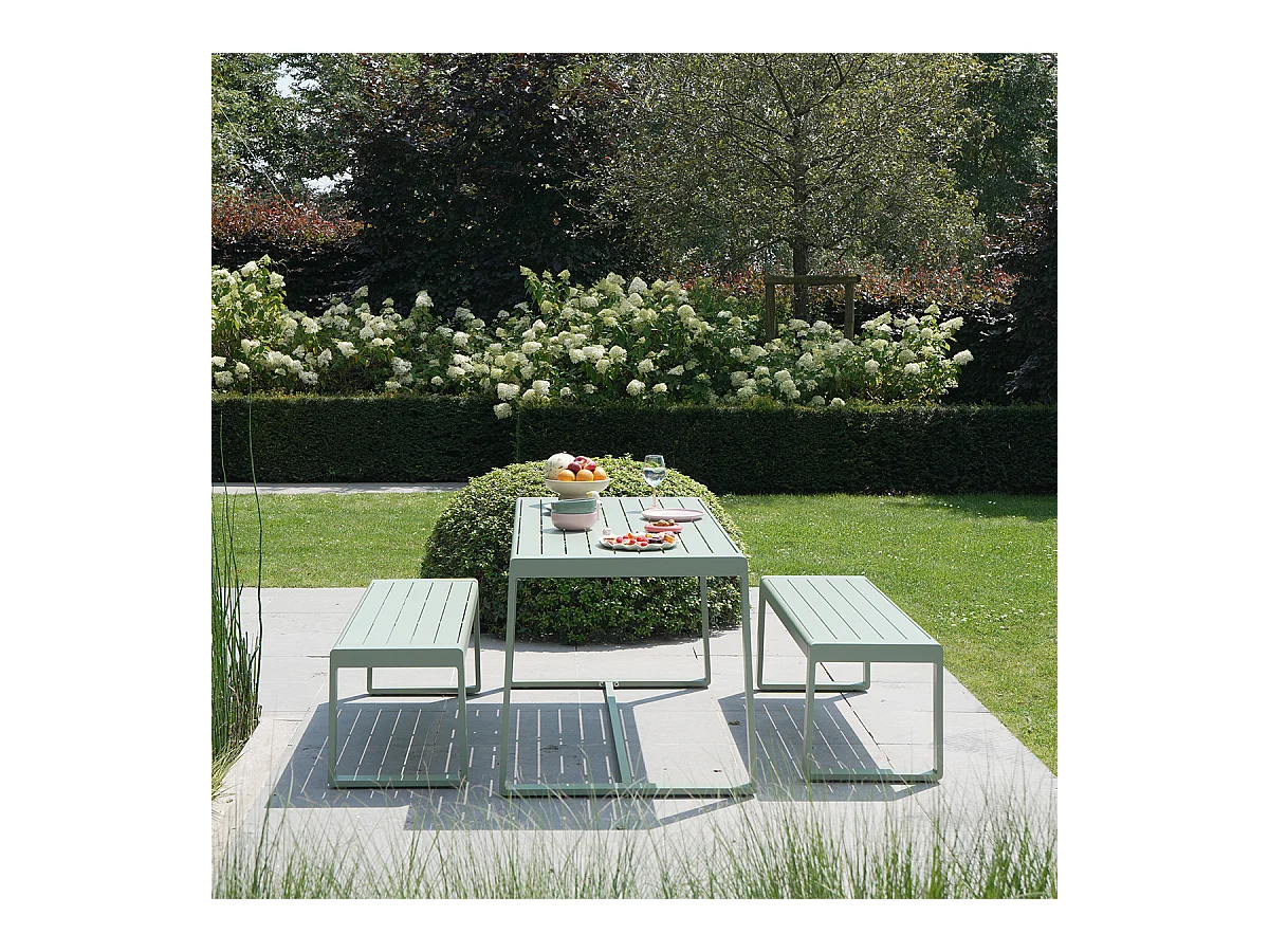 Ensemble table et bancs X2 en aluminium Vert d'Eau RIO