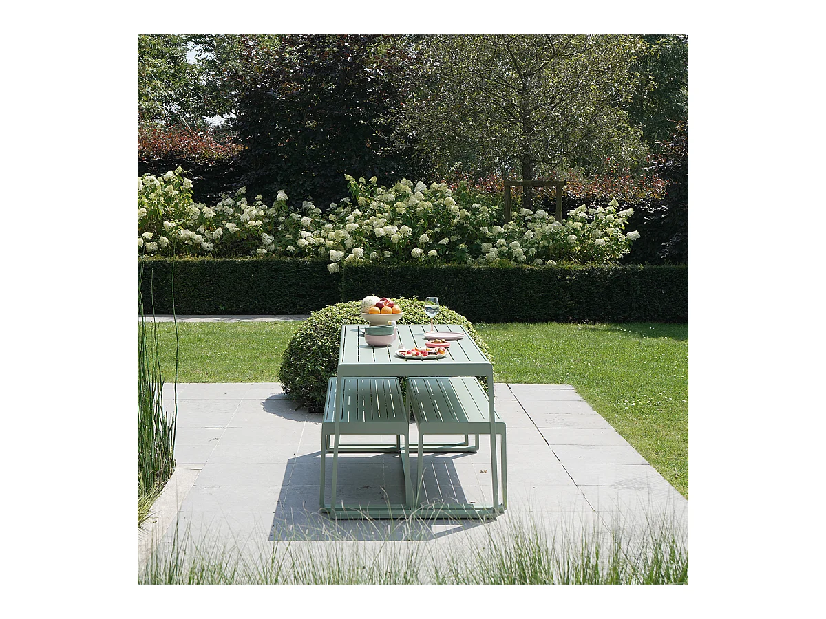 Ensemble table et bancs X2 en aluminium Vert d'Eau RIO