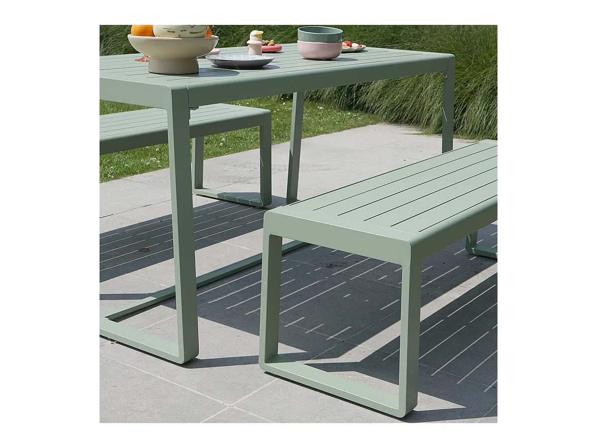 Ensemble table et bancs X2 en aluminium Vert d'Eau RIO