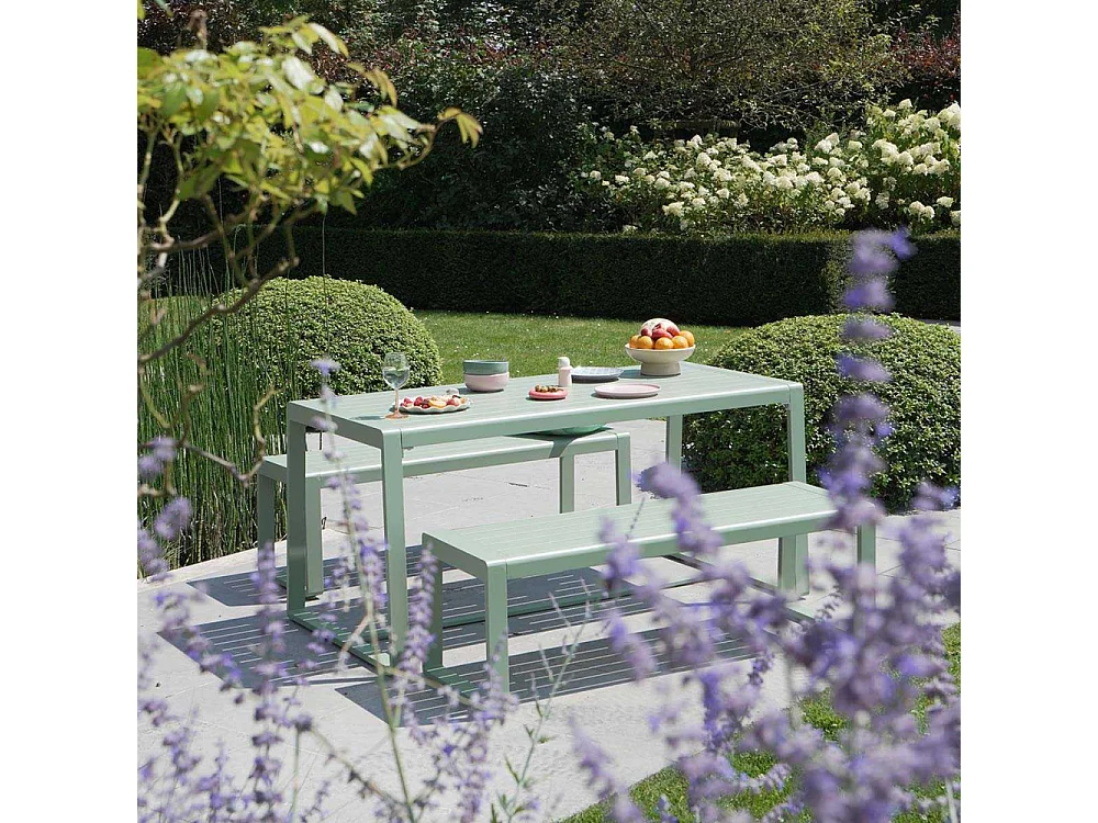 Ensemble table et bancs X2 en aluminium Vert d'Eau RIO