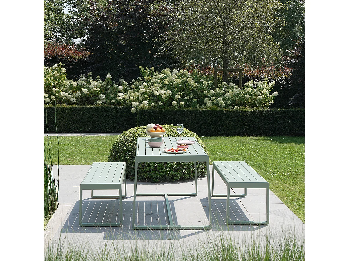 Ensemble table et bancs X2 en aluminium Vert d'Eau RIO