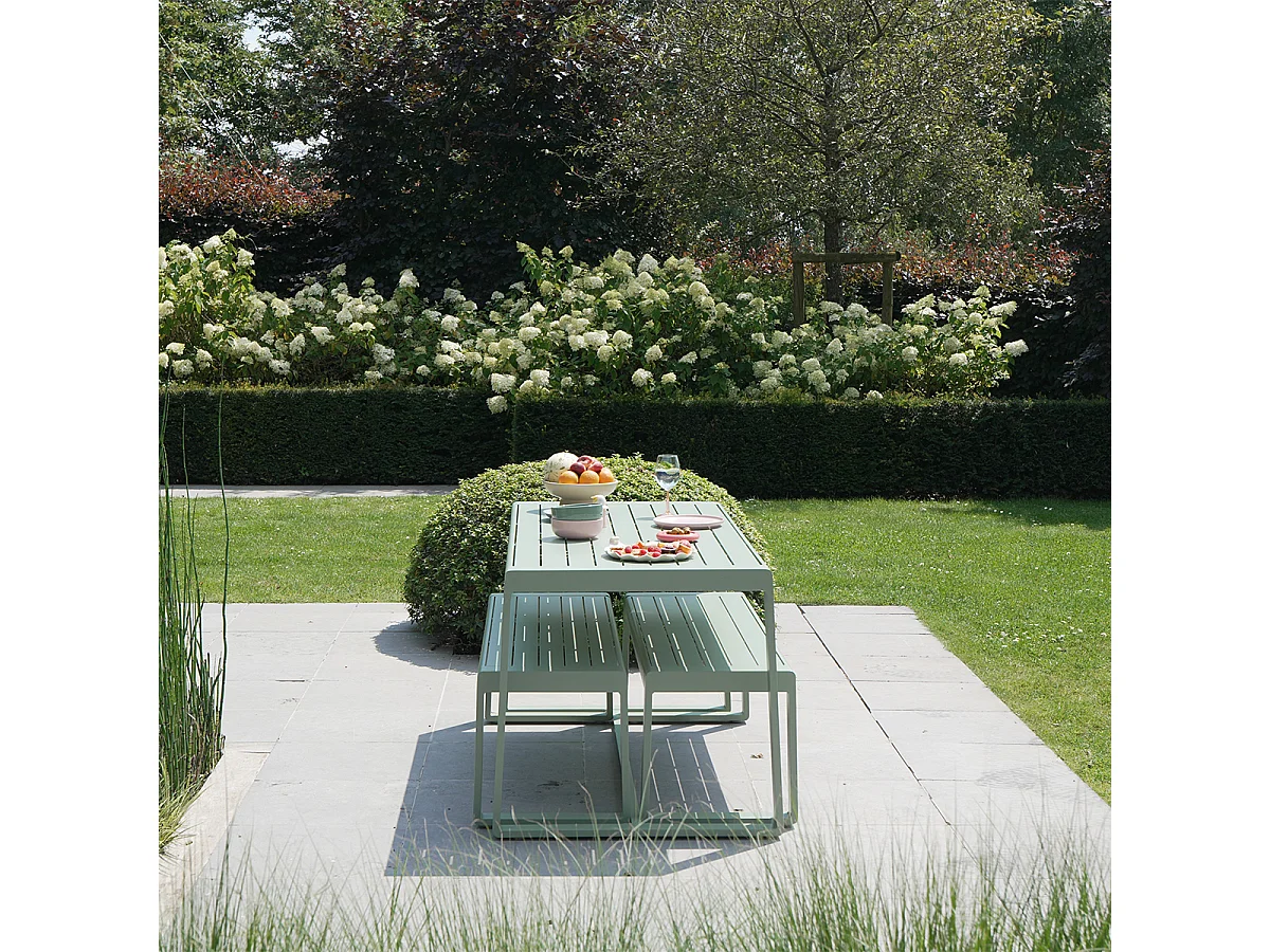 Ensemble table et bancs X2 en aluminium Vert d'Eau RIO