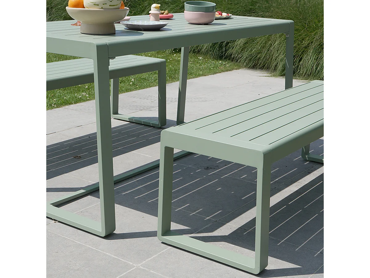 Ensemble table et bancs X2 en aluminium Vert d'Eau RIO