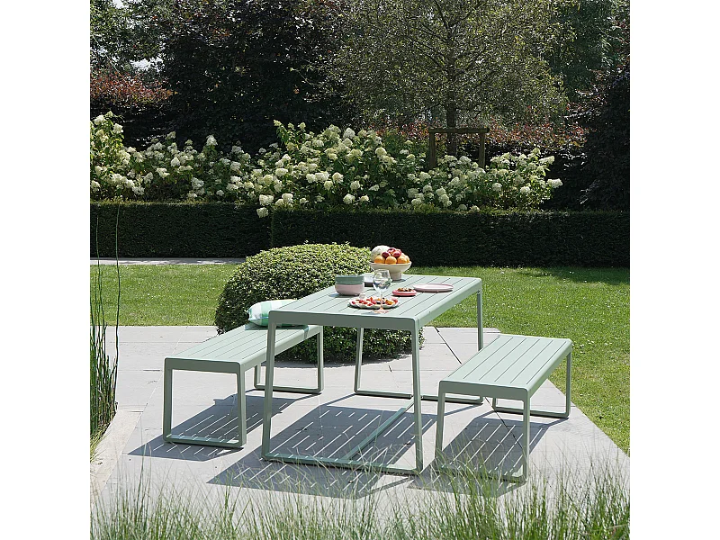 Ensemble table et bancs X2 en aluminium Vert d'Eau RIO