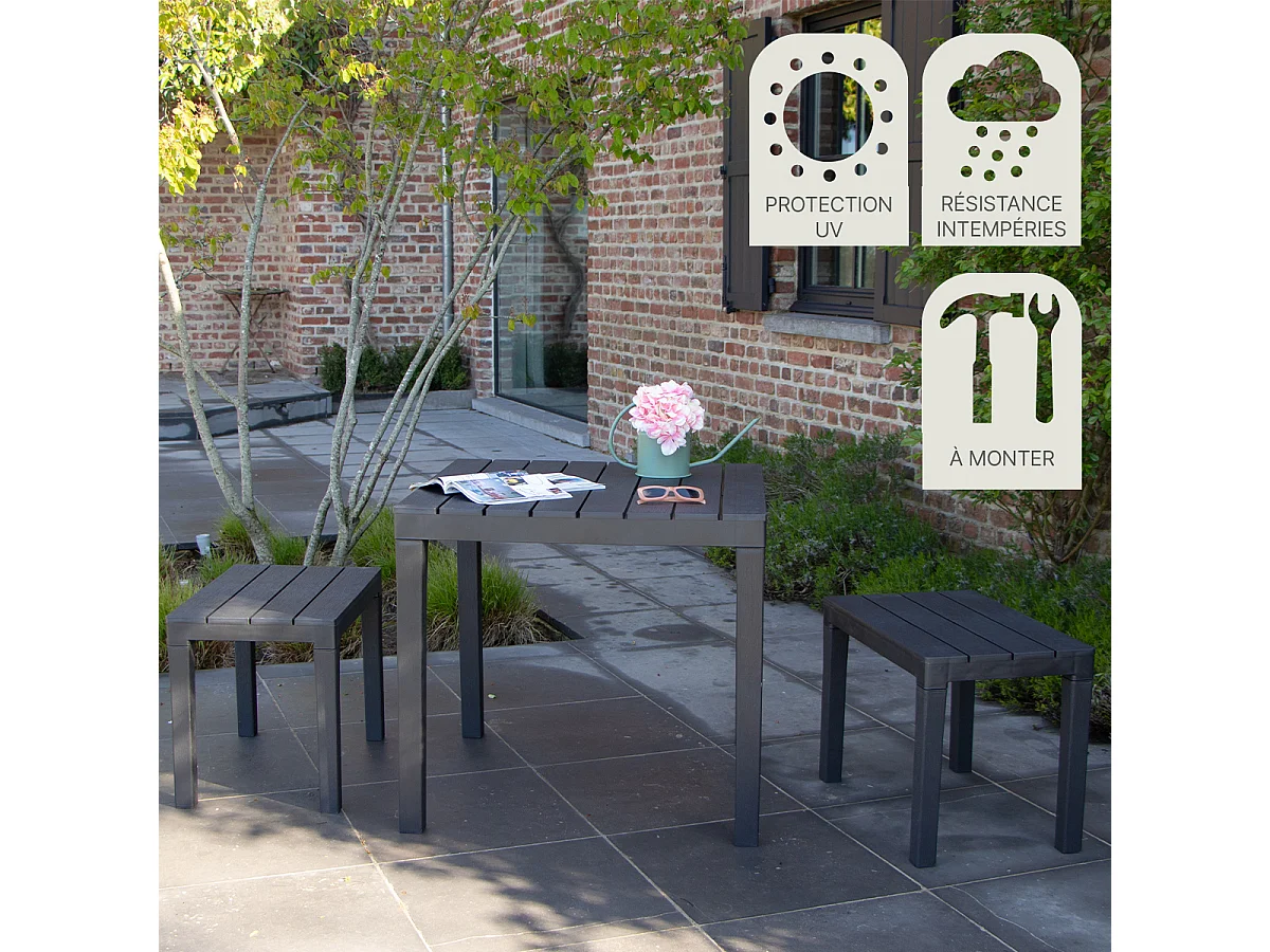 Salon de jardin en résine anthracite avec 2 bancs PAPUA