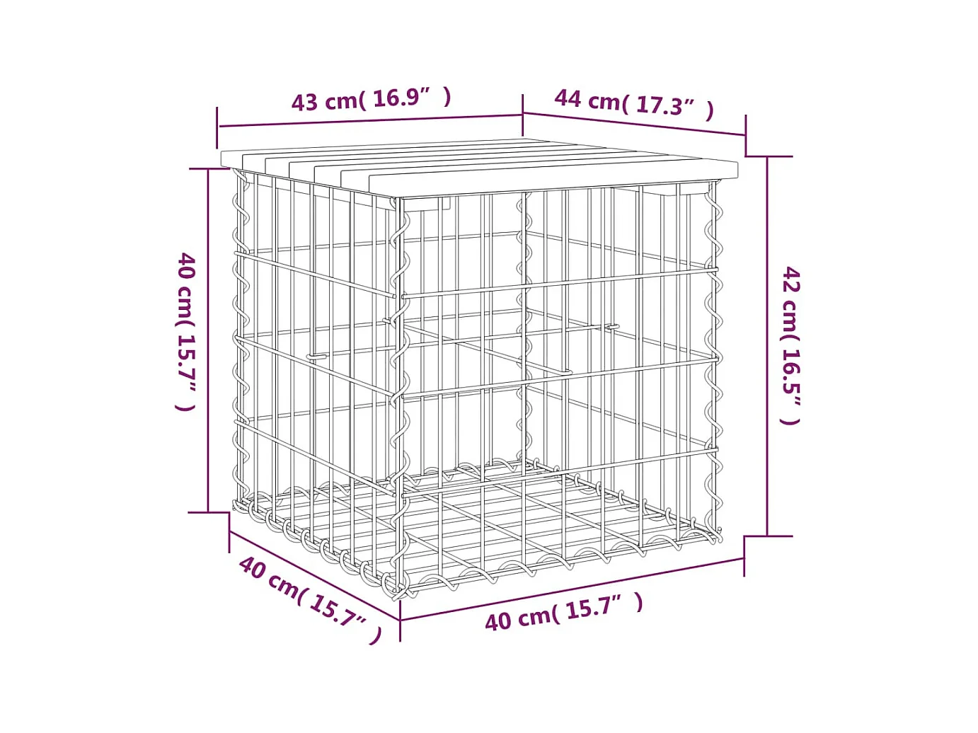 Banco de jardim com design gabião 43x44x42 cm pinho impregnado