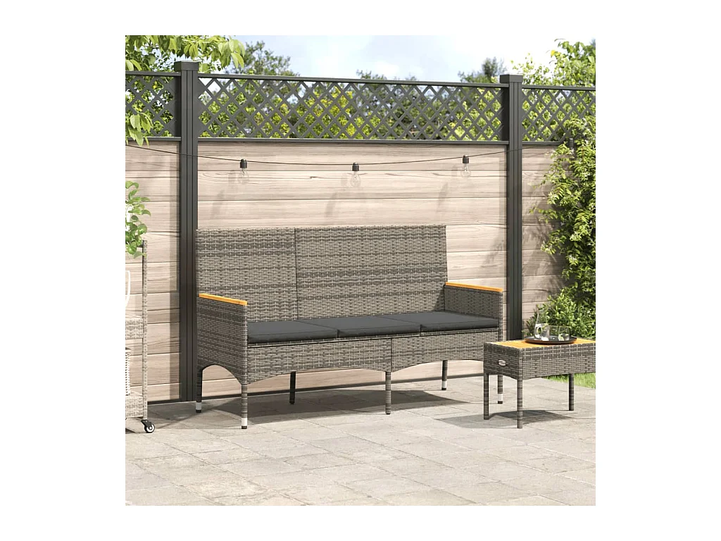 Banc de jardin 3 places avec coussins gris résine tressée