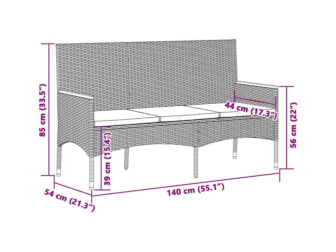 Banc de jardin 3 places avec coussins gris résine tressée